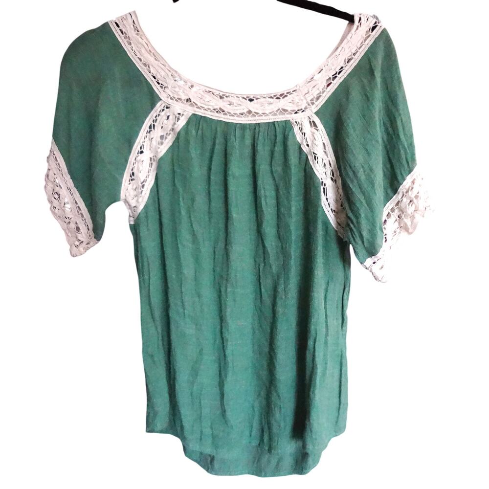 Umgee Green White COTTON Gauze Blouse Lace Boho Peasant Small Summer Flowy